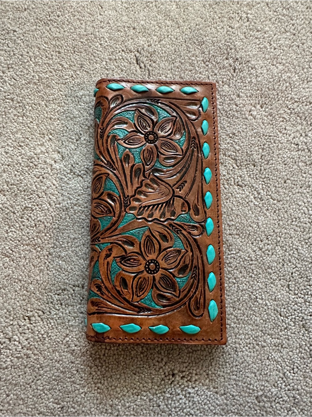 American Darling Brown Tooled Leather Wallet with Turquoise Inlay